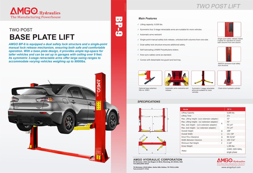 Promotional flyer for the AMGO Hydraulics BP-9 9,000 lbs 2 Post Lift, showcasing a grey car elevated on the red and yellow hydraulic lift. Perfect for low-ceiling garages, this lift offers a robust 9,000 lbs capacity.