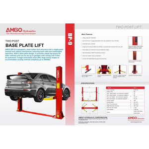 Promotional flyer for the AMGO Hydraulics BP-9 9,000 lbs 2 Post Lift, showcasing a grey car elevated on the red and yellow hydraulic lift. Perfect for low-ceiling garages, this lift offers a robust 9,000 lbs capacity.