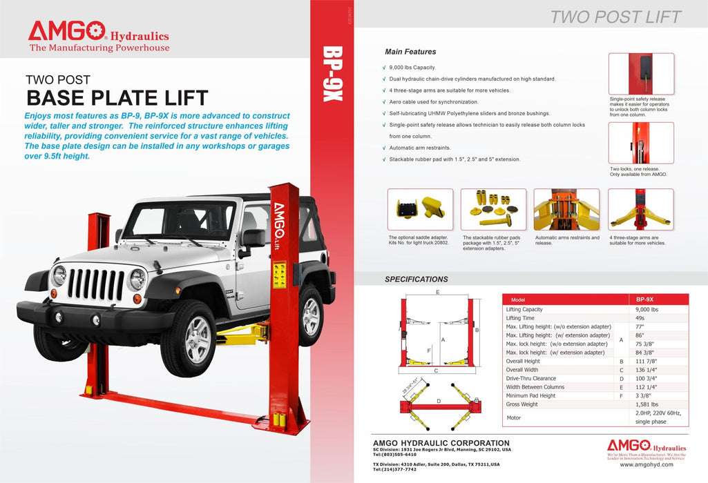 AMGO Hydraulics' brochure for the AMGO BP-9X 9,000 lbs 2 Post Lift includes technical specifications and images of a Jeep on the lift, making it perfect for low-ceiling garages.