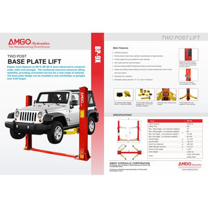 AMGO Hydraulics' brochure for the AMGO BP-9X 9,000 lbs 2 Post Lift includes technical specifications and images of a Jeep on the lift, making it perfect for low-ceiling garages.