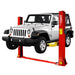 A white Jeep Wrangler is elevated on a red AMGO BP-9X 9,000 lbs 2 Post Lift by AMGO Hydraulics, perfect for low-ceiling garages.