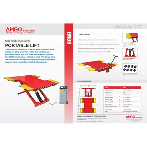 Introducing the AMGO EM06 6,000 lbs Portable Mid-Rise Scissor Lift by AMGO Hydraulics. This red hydraulic lift with yellow accents and a control unit features a lifting capacity of 6,000 lbs and includes detailed specifications along with its main features text.