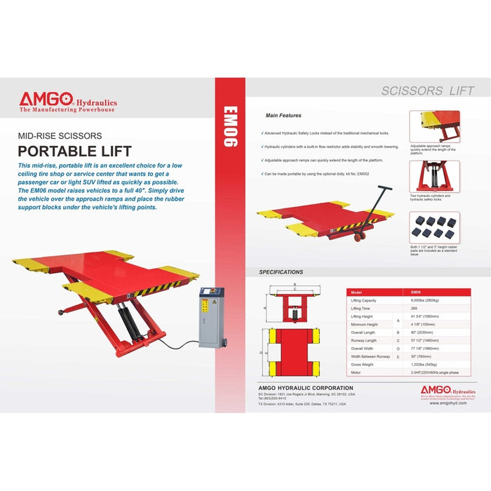 Introducing the AMGO EM06 6,000 lbs Portable Mid-Rise Scissor Lift by AMGO Hydraulics. This red hydraulic lift with yellow accents and a control unit features a lifting capacity of 6,000 lbs and includes detailed specifications along with its main features text.