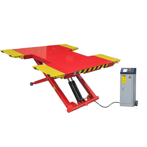 The AMGO Hydraulics EM06 6,000 lbs Portable Mid-Rise Scissor Lift features a red and yellow platform, connected to a gray control panel, and is designed for optimal performance.