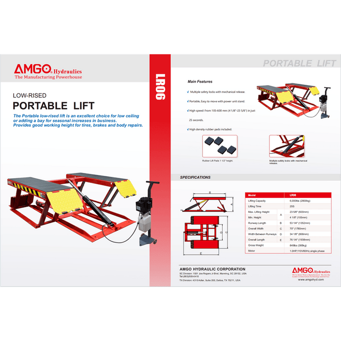 The AMGO LR06 Low-Rise Lift by AMGO Hydraulics, featuring a hydraulic mechanism and control panel, is perfect for automotive services and ideal for maintenance tasks.