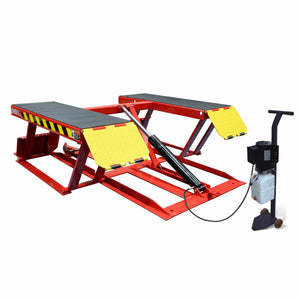 AMGO Hydraulics' AMGO LR06 Low-Rise Lift features a red hydraulic system with yellow platforms and an attached black control unit on a handle, making it perfect for various automotive services.