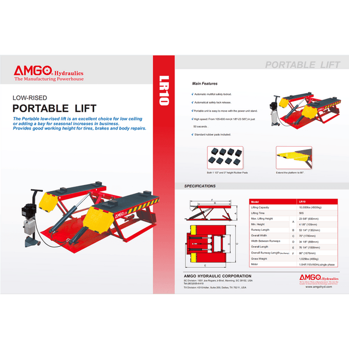 Brochure for the AMGO Hydraulics LR10 Low Rise Lift, showcasing images, specifications, and comprehensive features of this portable low-rise lift.