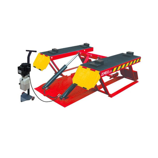 The AMGO LR10 Low Rise Lift from AMGO Hydraulics is a red hydraulic car lift with a yellow and black pattern on the sides and a mobile control unit positioned on the left. This portable low-rise lift boasts an impressive 10,000lbs lifting capacity.