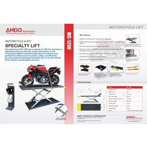 Check out our informational brochure for the AMGO Hydraulics MC-1200 Motorcycle & ATV Lift, showcasing a striking red motorcycle and detailed specifications, including an adjustable wheel vise for improved stability. Learn how the AMGO MC-1200 simplifies your maintenance tasks with its top-of-the-line features.