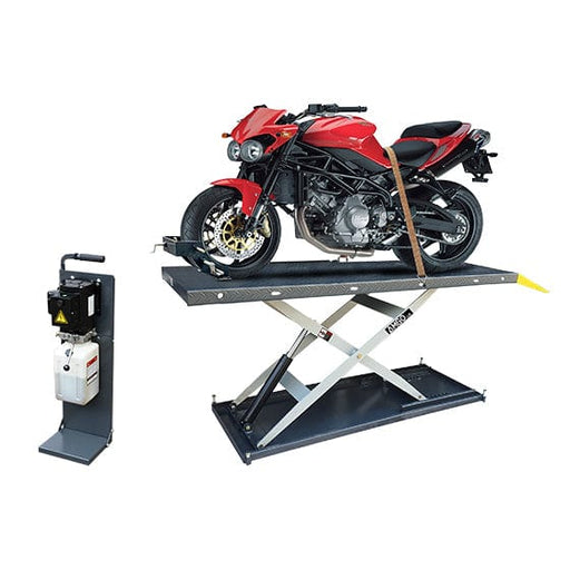 A red motorcycle is elevated on an AMGO Hydraulics MC-1200 Motorcycle & ATV Lift with a hydraulic pump unit visible beside it, featuring an adjustable wheel vise for added stability.