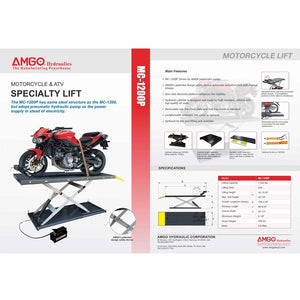 An informational poster for the AMGO Hydraulics MC-1200P Motorcycle & ATV Lift; includes product images, specifications, and features, highlighting its pneumatic hydraulic pump.