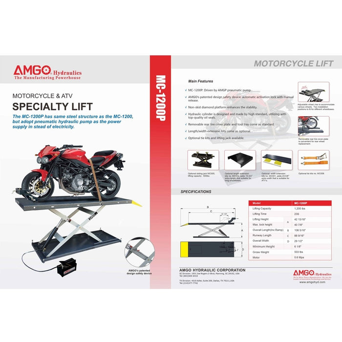 An informational poster for the AMGO Hydraulics MC-1200P Motorcycle & ATV Lift; includes product images, specifications, and features, highlighting its pneumatic hydraulic pump.