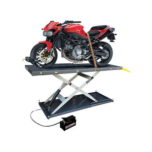 A red motorcycle is secured on an AMGO Hydraulics MC-1200P Motorcycle & ATV Lift with a control box attached.