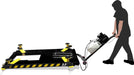 Silhouette of a person operating an AMGO MR06 6,000 lbs Mid-Rise Portable Scissor Lift from AMGO Hydraulics, featuring yellow accents and a control panel.