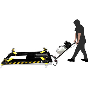 Silhouette of a person operating an AMGO MR06 6,000 lbs Mid-Rise Portable Scissor Lift from AMGO Hydraulics, featuring yellow accents and a control panel.