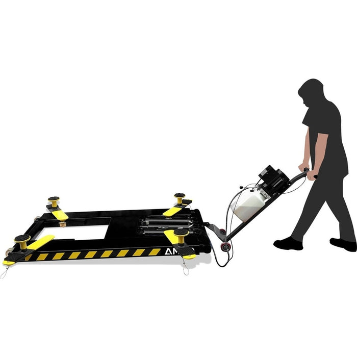 Silhouette of a person operating an AMGO MR06 6,000 lbs Mid-Rise Portable Scissor Lift from AMGO Hydraulics, featuring yellow accents and a control panel.