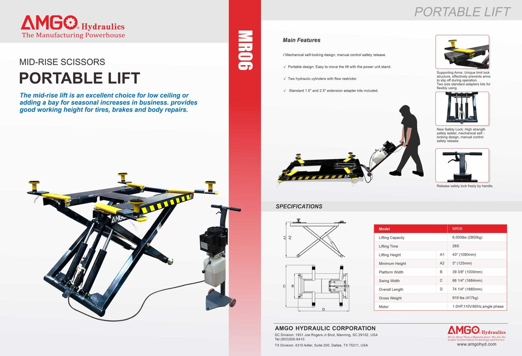 The AMGO Hydraulics MR06 6,000 lbs Mid-Rise Portable Scissor Lift offers hydraulic controls and comprehensive specs, making it an ideal solution for seasonal business activities.