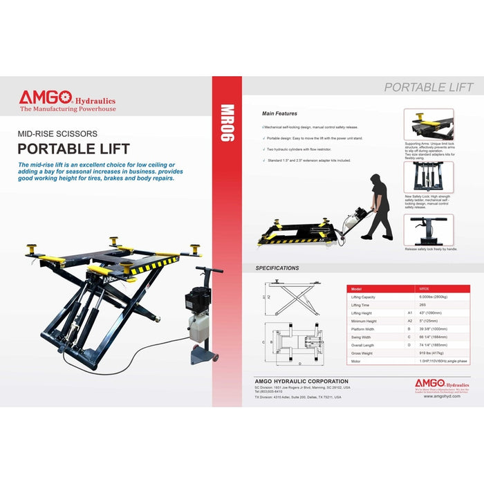 The AMGO Hydraulics MR06 6,000 lbs Mid-Rise Portable Scissor Lift offers hydraulic controls and comprehensive specs, making it an ideal solution for seasonal business activities.