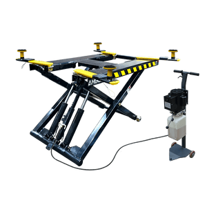 The AMGO MR06 6,000 lbs Mid-Rise Portable Scissor Lift from AMGO Hydraulics features a platform, four adjustable arms, and a control unit, making it ideal for vehicle maintenance. Its portable scissor lift design ensures convenience and versatility.