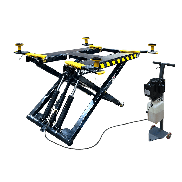 The AMGO MR06 6,000 lbs Mid-Rise Portable Scissor Lift from AMGO Hydraulics features a platform, four adjustable arms, and a control unit, making it ideal for vehicle maintenance. Its portable scissor lift design ensures convenience and versatility.