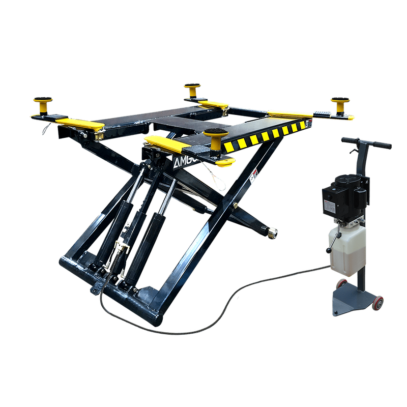 The AMGO MR06 6,000 lbs Mid-Rise Portable Scissor Lift from AMGO Hydraulics features a platform, four adjustable arms, and a control unit, making it ideal for vehicle maintenance. Its portable scissor lift design ensures convenience and versatility.