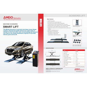 A car is elevated on an AMGO MRL09 Mid-Rise Scissor Lift. The text provides specifications and features of this lift from AMGO Hydraulics, including hydraulic synchronization and a 9,000 lbs capacity.