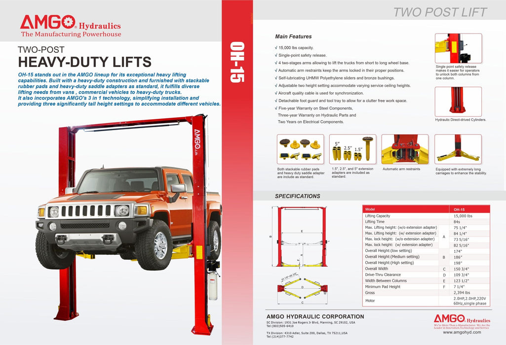 An orange Hummer is elevated by an AMGO Hydraulics OH-15 15,000 lbs two-post lift, highlighting its impressive lifting power and detailed specifications.