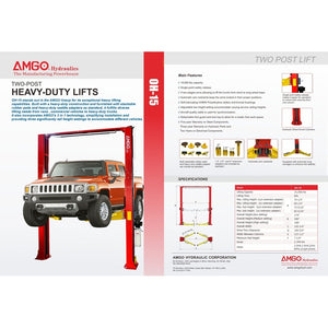 An orange Hummer is elevated by an AMGO Hydraulics OH-15 15,000 lbs two-post lift, highlighting its impressive lifting power and detailed specifications.