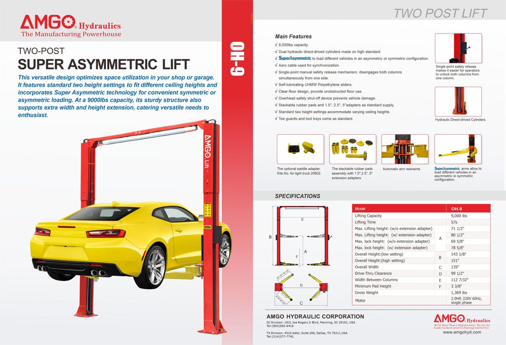 A brochure for the AMGO Hydraulics AMGO OH-9 9,000 lbs 2 Post Lift, featuring a yellow car being lifted to emphasize its impressive capacity and advanced Super Asymmetric technology, as well as detailing its features and specifications.