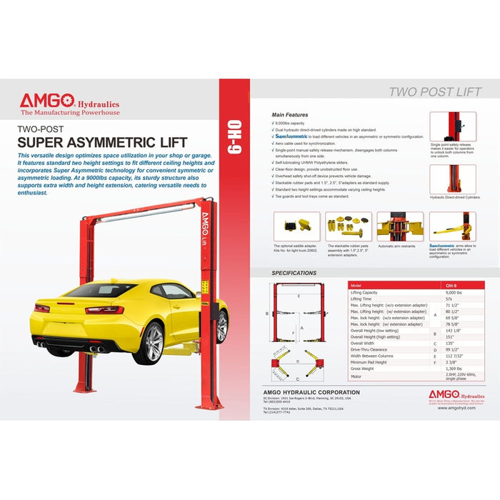 A brochure for the AMGO Hydraulics AMGO OH-9 9,000 lbs 2 Post Lift, featuring a yellow car being lifted to emphasize its impressive capacity and advanced Super Asymmetric technology, as well as detailing its features and specifications.