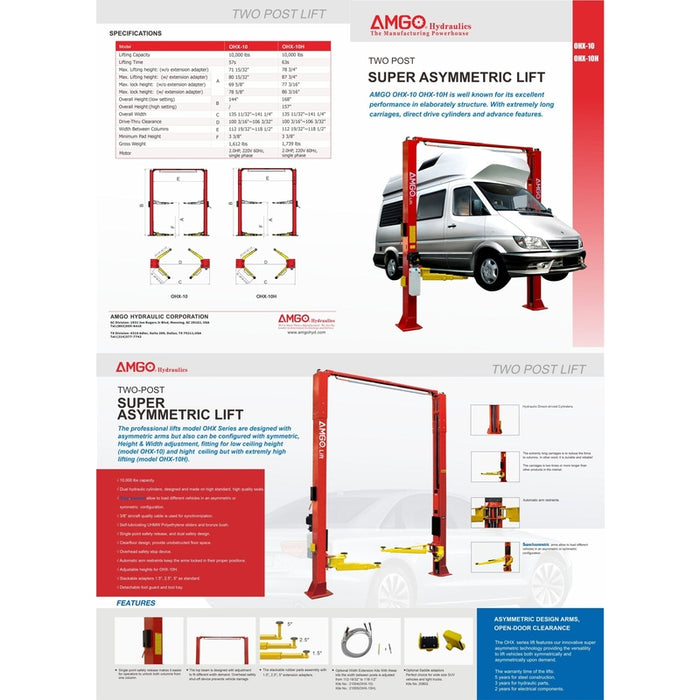 A flyer for the AMGO Hydraulics OHX-10 10,000 lbs 2 Post Lift, showcasing its impressive capacity and detailed specifications with images of the lift systems.