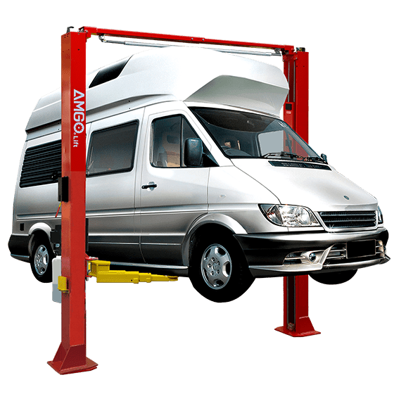 A van is elevated on an AMGO Hydraulics OHX-10 10,000 lbs 2 Post Lift, providing access to its underside for maintenance or repairs.