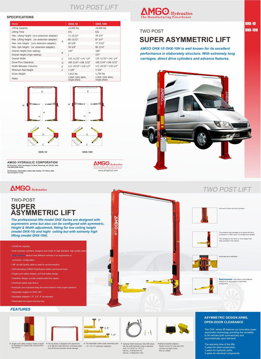 Infographic of the AMGO Hydraulics OHX-10H 2 Post Lift with a 10,000 lbs capacity, showcasing specifications, features, and images of a van on the lift.