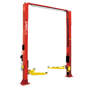 Red AMGO Hydraulics OHX-10H 10,000 lbs capacity 2 Post Lift with two yellow lifting arms.