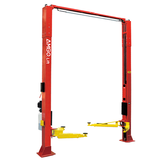 Red AMGO Hydraulics OHX-10H 10,000 lbs capacity 2 Post Lift with two yellow lifting arms.