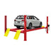 A light gray car is parked on a red AMGO Hydraulics AMGO PRO-12 12,000 lbs 4 Post Lift with yellow ramps, showcasing its lifting capacity.