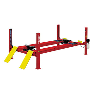 The AMGO Hydraulics PRO-12ASX 4 Post Alignment Lift, with a capacity of 12,000 lbs, comes in red and includes yellow loading ramps and black lifting pads.