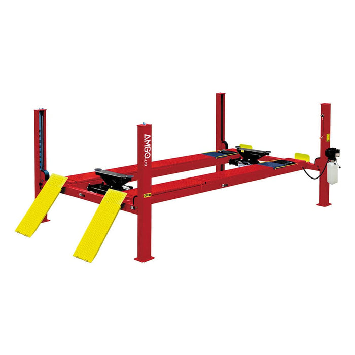 The AMGO Hydraulics PRO-12ASX 4 Post Alignment Lift, with a capacity of 12,000 lbs, comes in red and includes yellow loading ramps and black lifting pads.