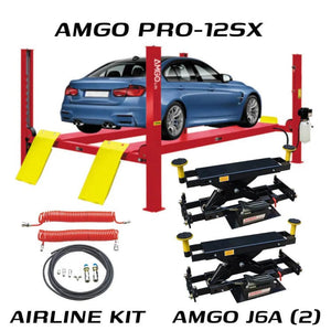 A car on an AMGO Hydraulics PRO-12SX + J6A 12,000 lbs 4 Post Lift, featuring a skid-proof diamond platform, with AMGO J6A jacks and airline kit components displayed below.