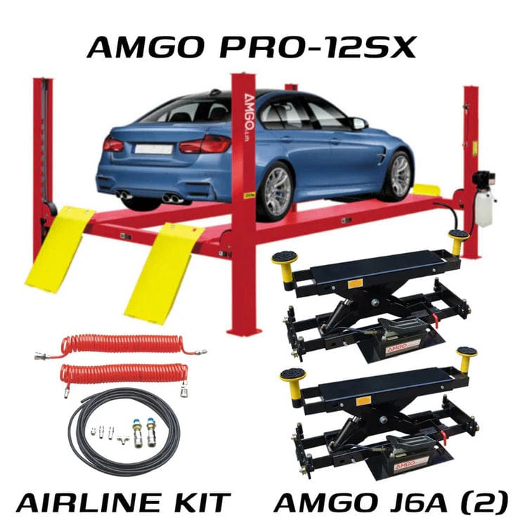 A car on an AMGO Hydraulics PRO-12SX + J6A 12,000 lbs 4 Post Lift, featuring a skid-proof diamond platform, with AMGO J6A jacks and airline kit components displayed below.