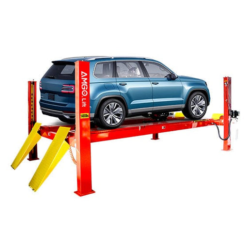 A blue SUV is elevated on a red AMGO Hydraulics AMGO PRO-14AE 14,000 lbs 4 Post Alignment Lift, featuring yellow ramps, for maintenance or inspection.