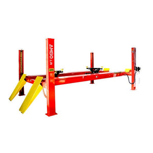 The red and yellow AMGO Hydraulics PRO-14A 14,000 lbs 4 Post Alignment Lift is designed for vehicle maintenance, repair, and wheel alignment services. This commercial-grade model ensures precision and durability in every use.