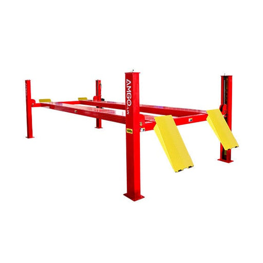 A red AMGO PRO-14 4 Post Lift by AMGO Hydraulics, featuring yellow ramps and a lifting capacity of 14,000 lbs.