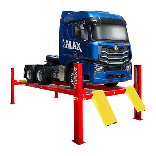 A blue truck labeled "AMAX" is elevated on a red AMGO PRO-18 18,000 lbs Heavy Duty 4 Post Lift by AMGO Hydraulics.