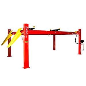 Red AMGO Hydraulics PRO-18A 18,000 lbs four-post alignment lift with yellow ramps, designed for vehicle maintenance and repairs in automotive shops.