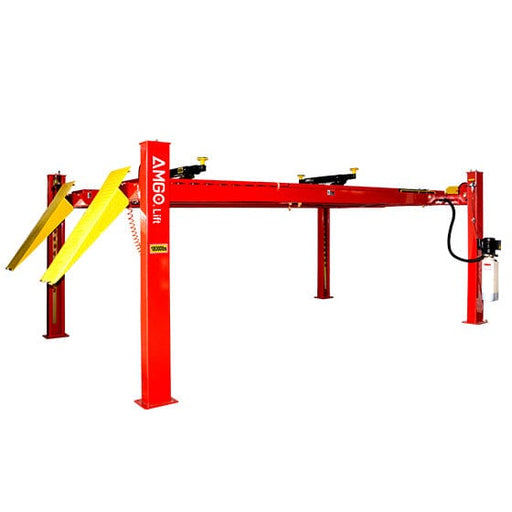 Red AMGO Hydraulics PRO-18A 18,000 lbs four-post alignment lift with yellow ramps, designed for vehicle maintenance and repairs in automotive shops.