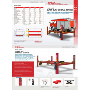 Infographic featuring the specifications of the AMGO Hydraulics PRO-30 Heavy-Duty 30,000 lbs 4 Post Lift, with images displaying a fire truck being lifted and the lift equipment.