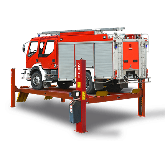 A red fire truck is elevated on an AMGO PRO-30 Heavy-Duty 30,000 lbs 4 Post Lift from AMGO Hydraulics, showcasing the equipment used for maintenance with its impressive capacity.