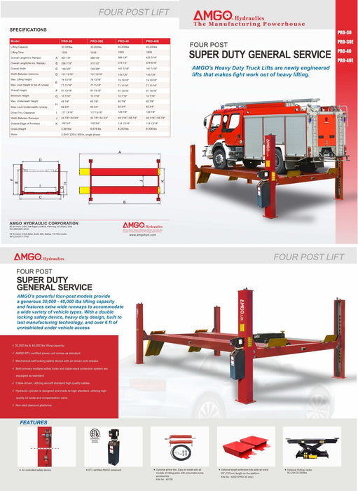 A detailed brochure for AMGO Hydraulics featuring the AMGO PRO-30E Heavy-Duty 30,000 lbs 4 Post Lift, designed for heavy-duty truck maintenance and specifications.