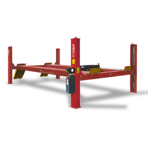 The AMGO Hydraulics PRO-30E Heavy-Duty 30,000 lbs 4 Post Lift is engineered for vehicle maintenance and features a robust dual-hub cable system and essential safety mechanisms.